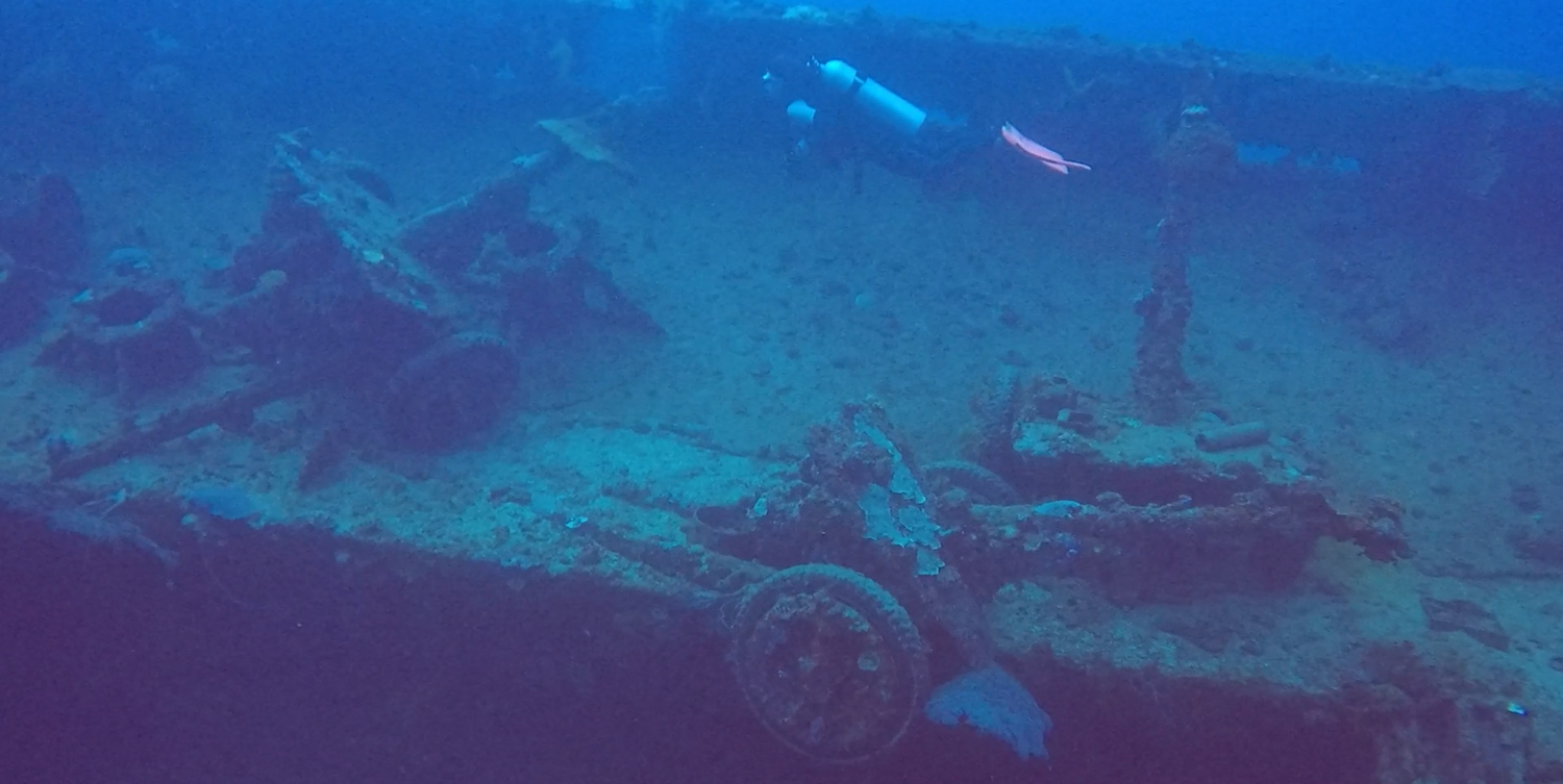 Anti-tank guns inside a ship wreck at Truk Lagoon