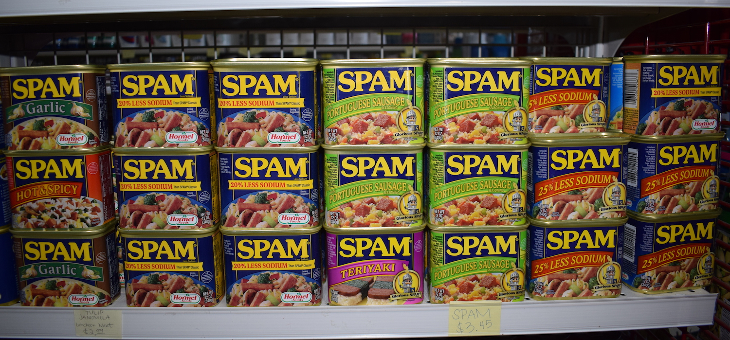 Shelves of spam in Guam