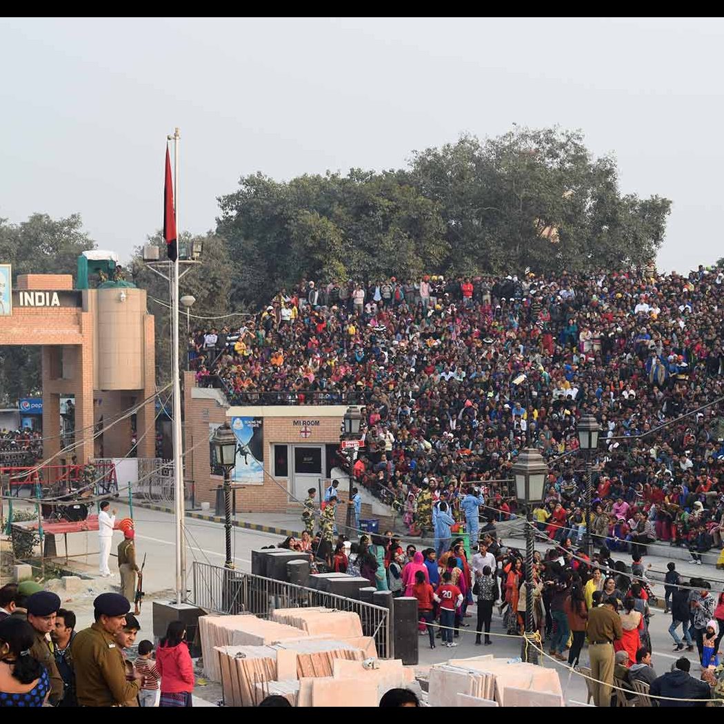 The Indian side at the border ceremony at Wagah, Punjab, India