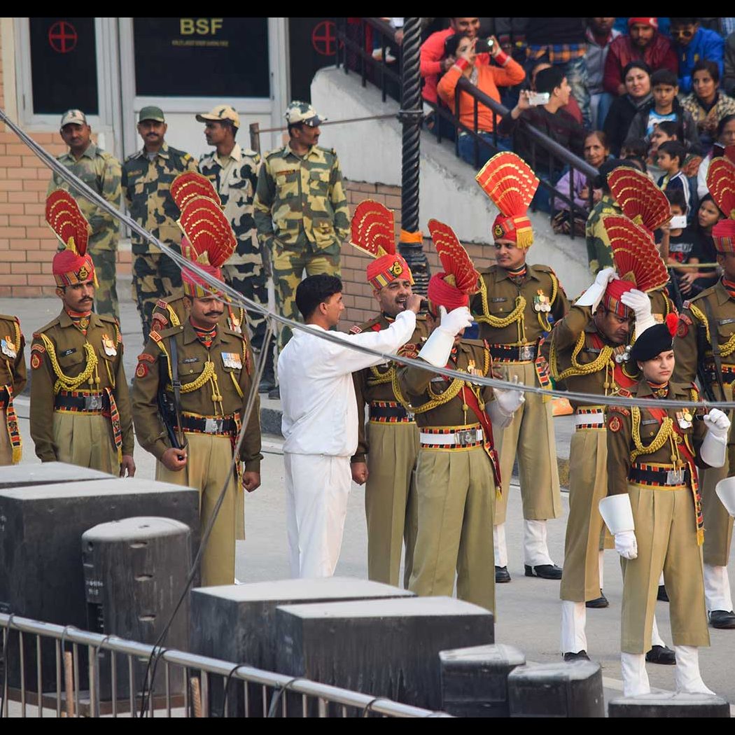 Indian soldiers at the border ceremony at Wagah, Punjab, India