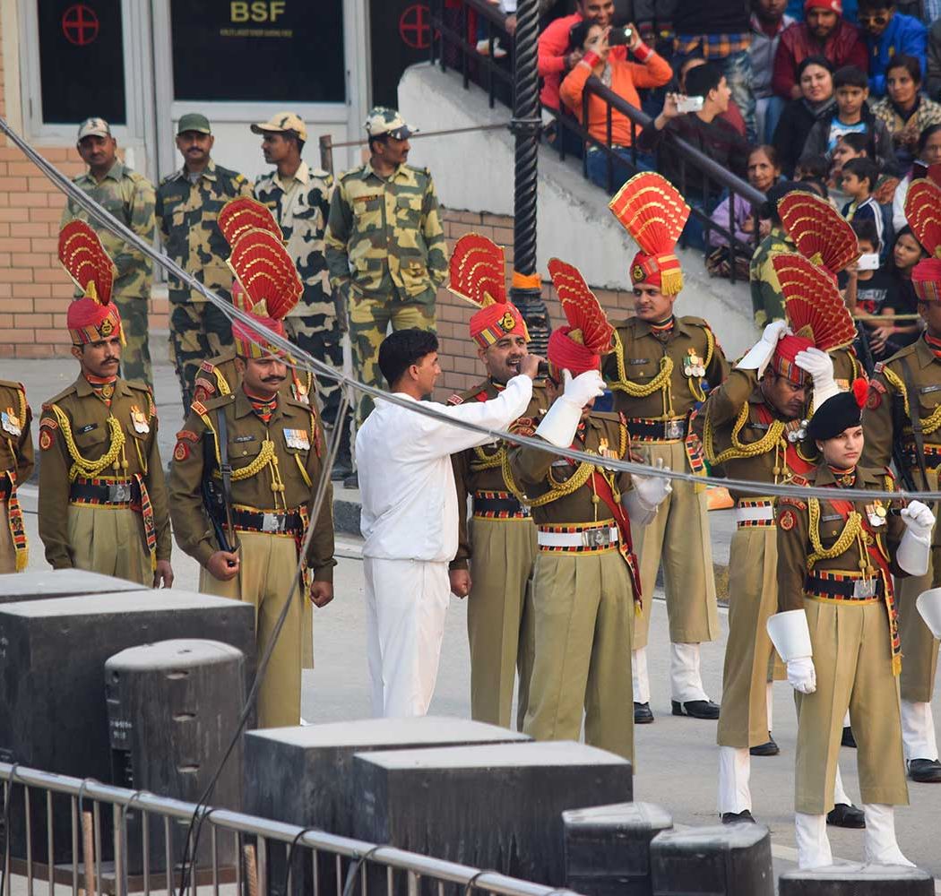 Indian soldiers at the border ceremony at Wagah, Punjab, India
