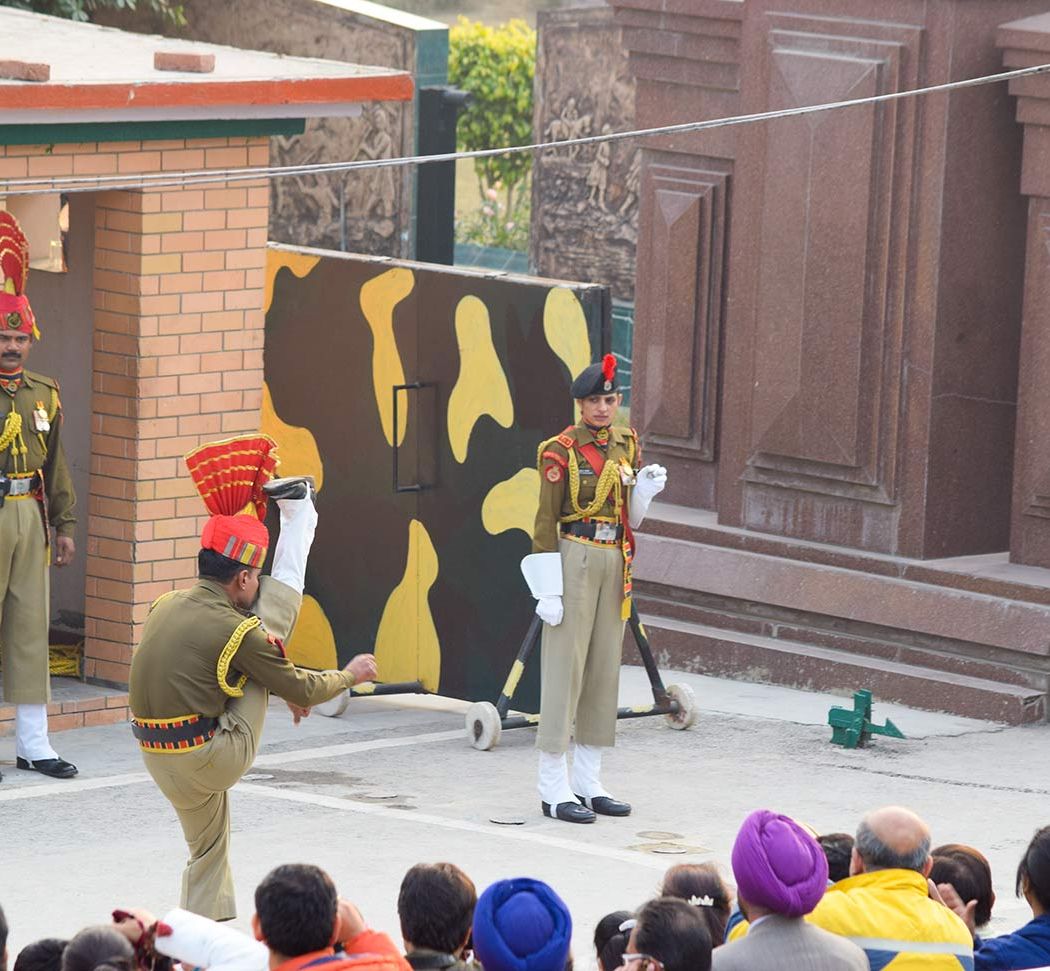 Indian soldiers at the border ceremony at Wagah, Punjab, India